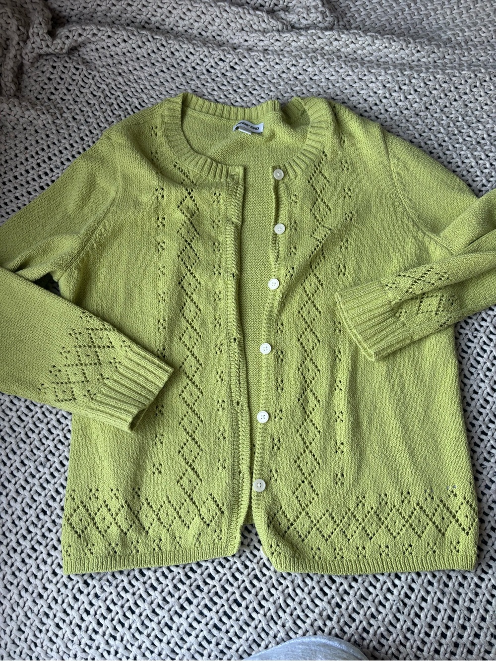Lands' End Lime Green Pointelle Crewneck Cardigan